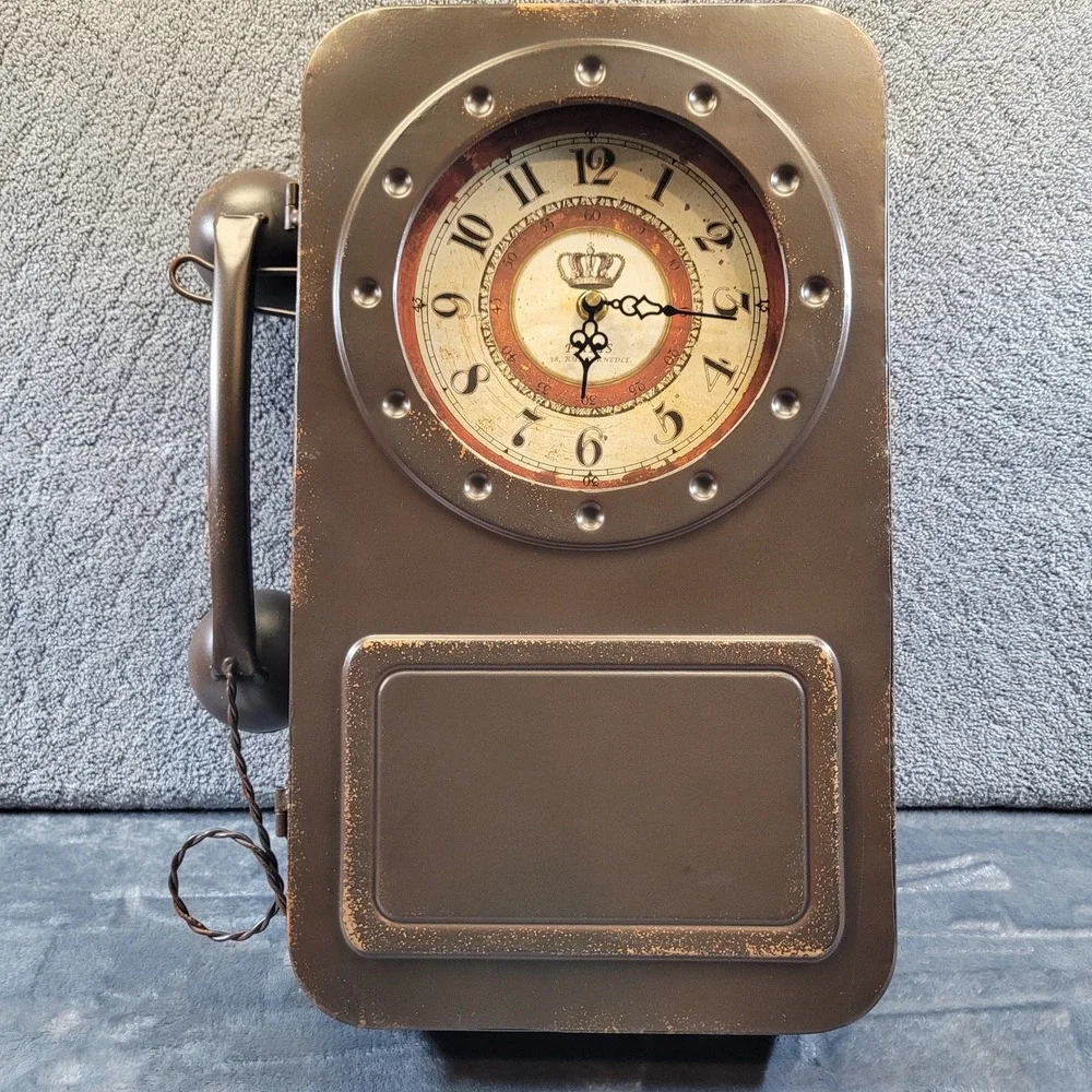 Retro Old Telephone Wall Clock Hidden Key Cabinet Distressed Bronze 16
